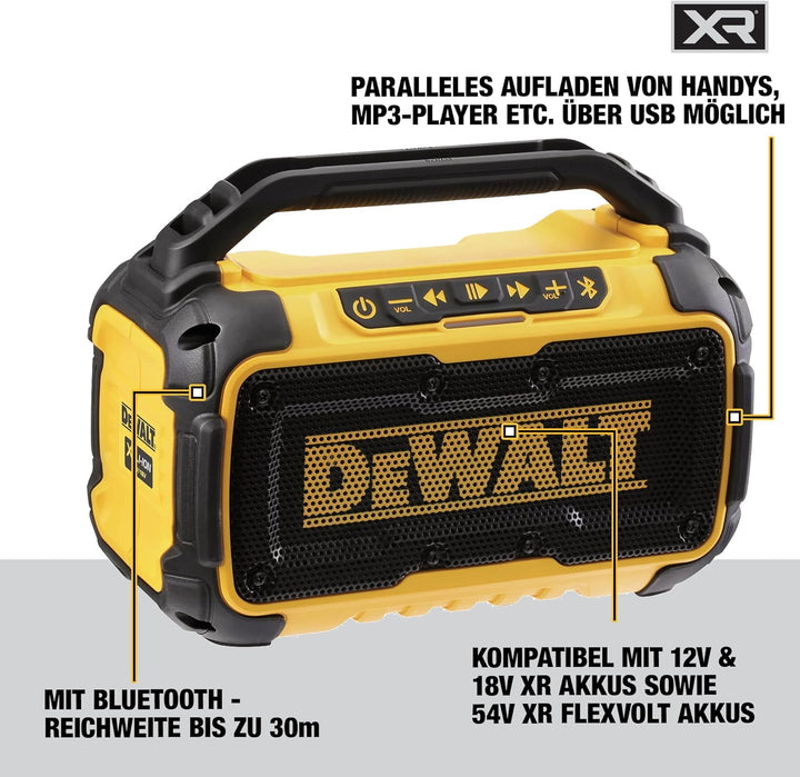 Dewalt Bluetooth Akku-Lautsprecher DCR011 (Stereo, extrem robust, mit Überrollbügel, AUX-Eingang 3,5