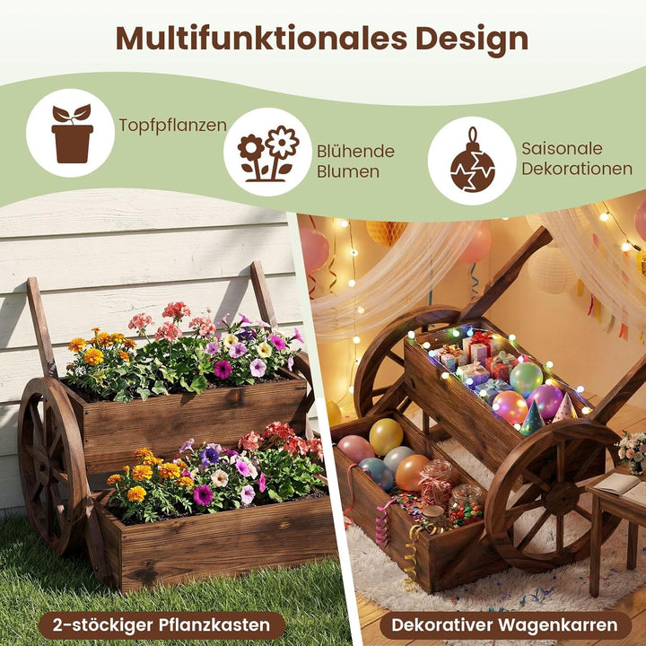 COSTWAY Blumenwagen Holz, Blumenständer mit 2 Rädern & Griffen & Drainagelöchern, Pflanzwagen, 2-stu