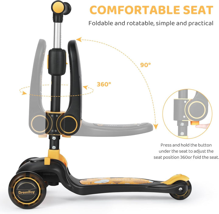 BremToy Kinderroller mit Sitz, Tretroller mit LED Rädern, Kinder Scooter mit Höhenverstellbarem Lenk