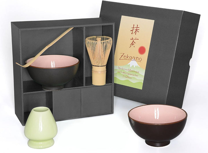 Matcha-Set 5-teilig, rosa, bestehend aus 2 Matcha-Schalen, Matcha-löffel, Matcha-Besen (Bambus) und