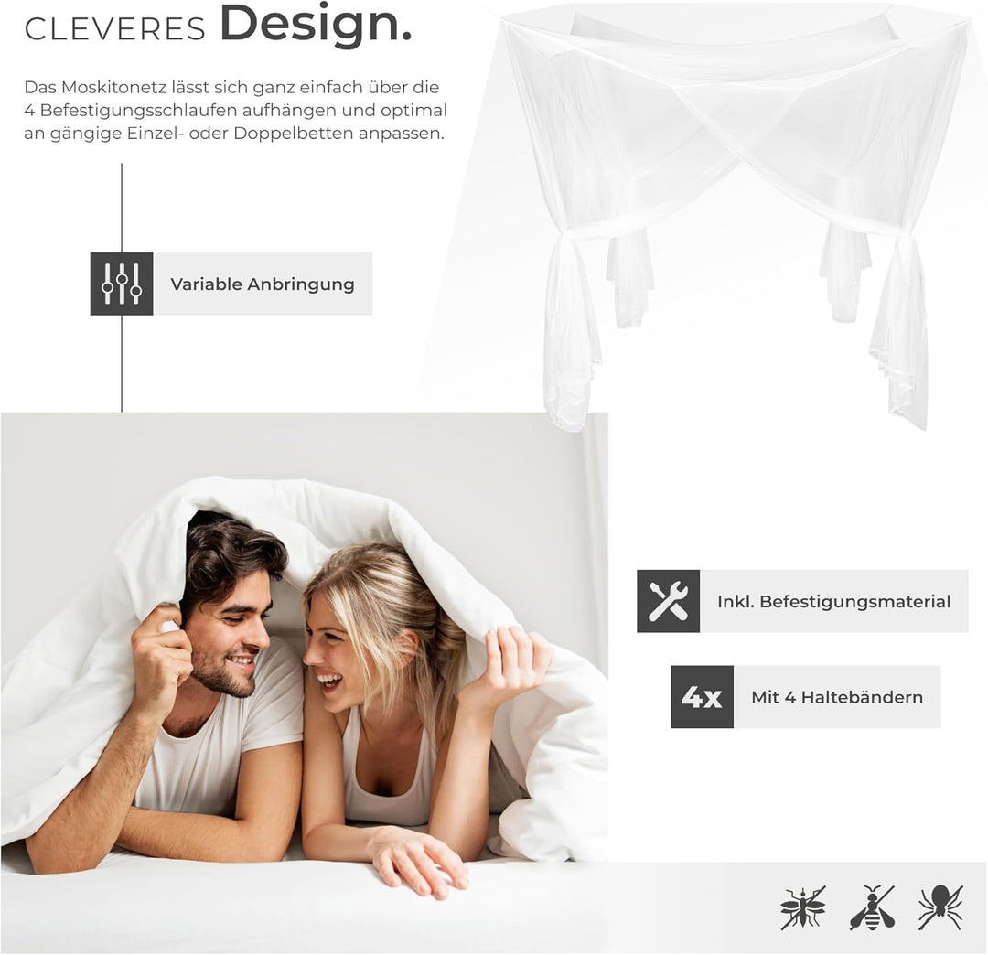 tectake® Moskitonetz Bett Mückenvorhang, Einzel- und Doppelbett, 220 x 220 x 210 cm, Mückenschutz Ca