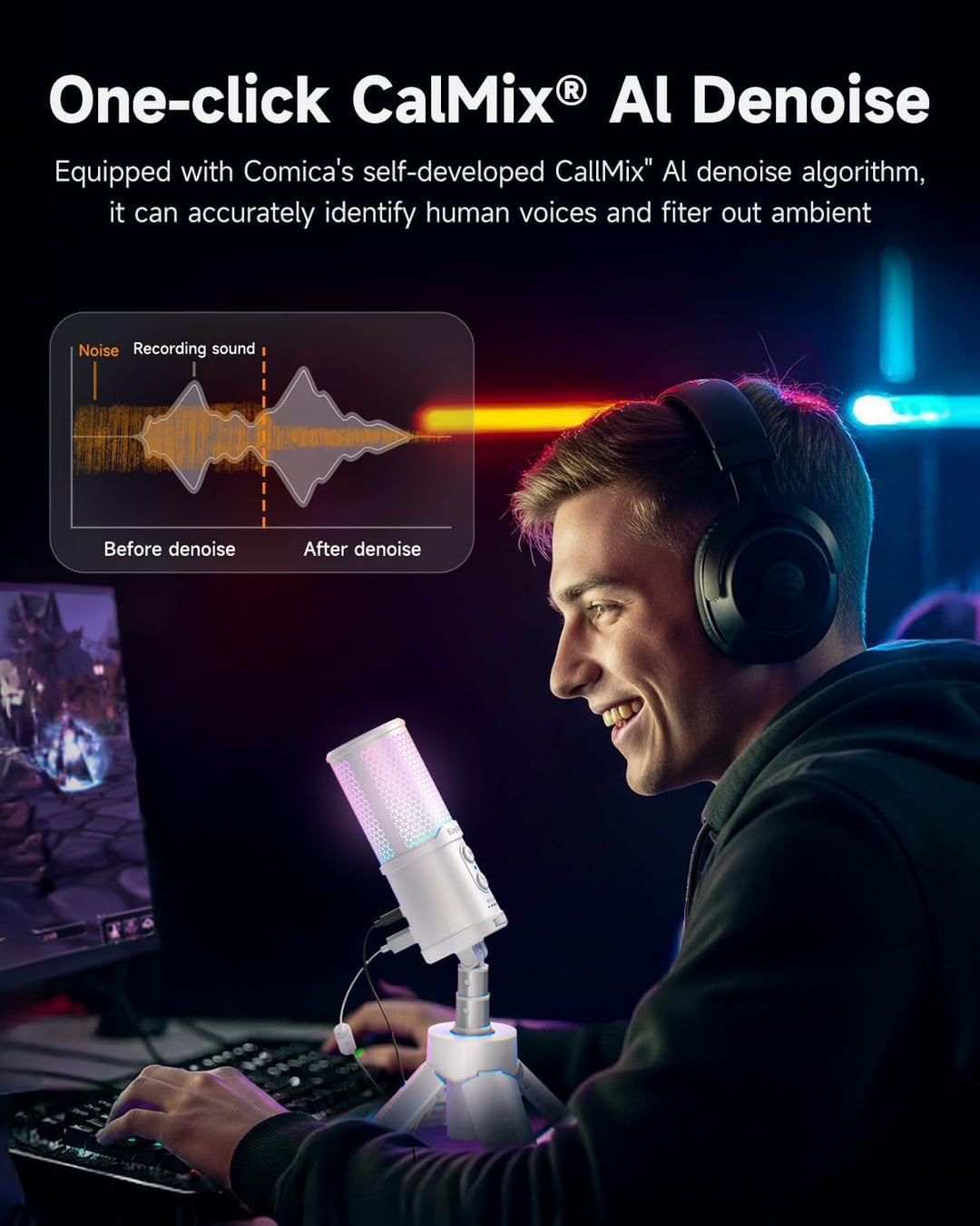 COMICA Ejoy Uni S USB Gaming Mikrofon mit RGB, 48kHz/24Bit, Noise Cancellation Kardioid-Kondensator