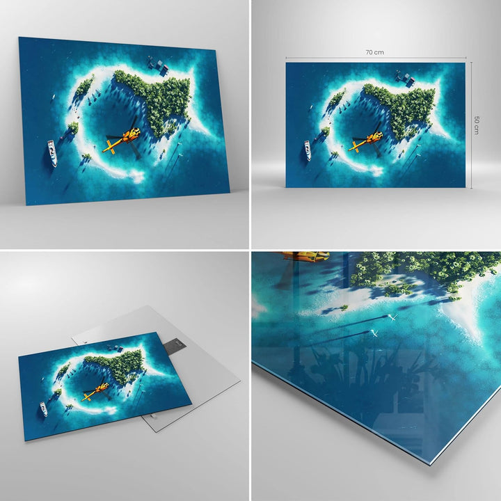 ARTTOR Bilder auf Glas Hubschrauber Ozean Insel Paradies Glasbild 70x50cm Wandbilder Dekoration Wohn