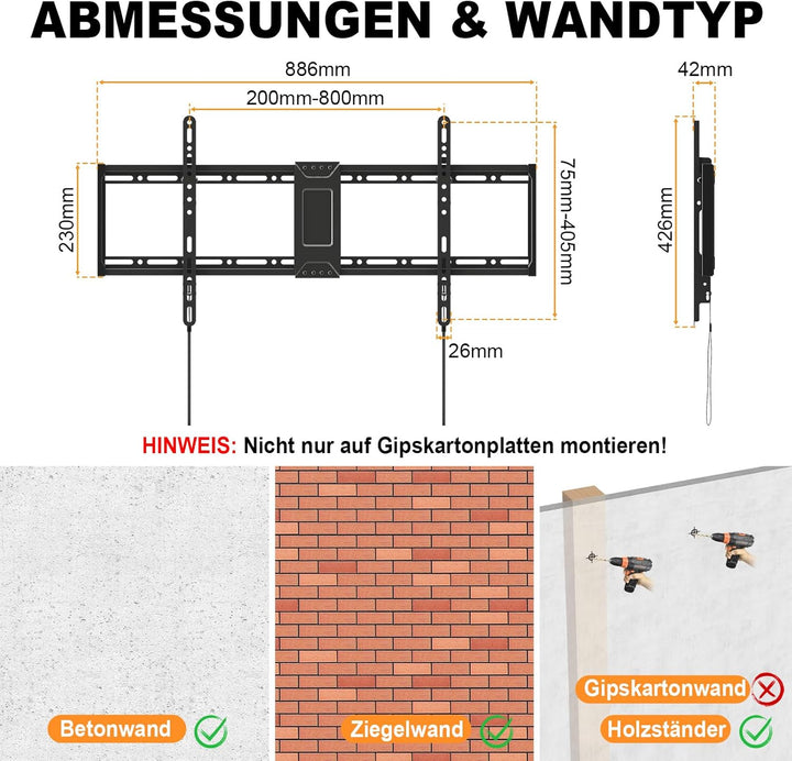 Universal TV-Wandhalterung 43-95 Zoll Neigbar - Flache TV Halterung bis 75kg, VESA 800x400 kompatibe