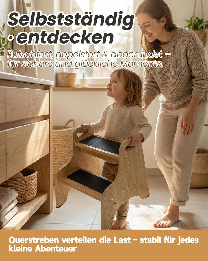Tritthocker Kinder aus Holz – extra stabil & rutschfest, Anti-Rutsch Stufen, sichere Rundkanten, Fes