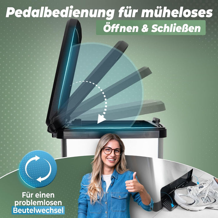 Novaliv 2x Mülleimer mit Deckel - 25L Tretmülleimer - Stabiler Abfalleimer mit Deckel &amp; Fusspedal -