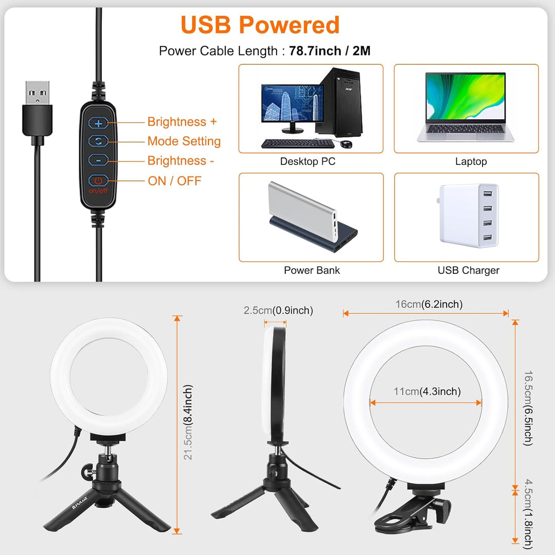 PULUZ Ringlicht Laptop mit 72LED, 6 Zoll Videokonferenz Licht mit Clip & Stativ 3 Lichtfarben+Hellig