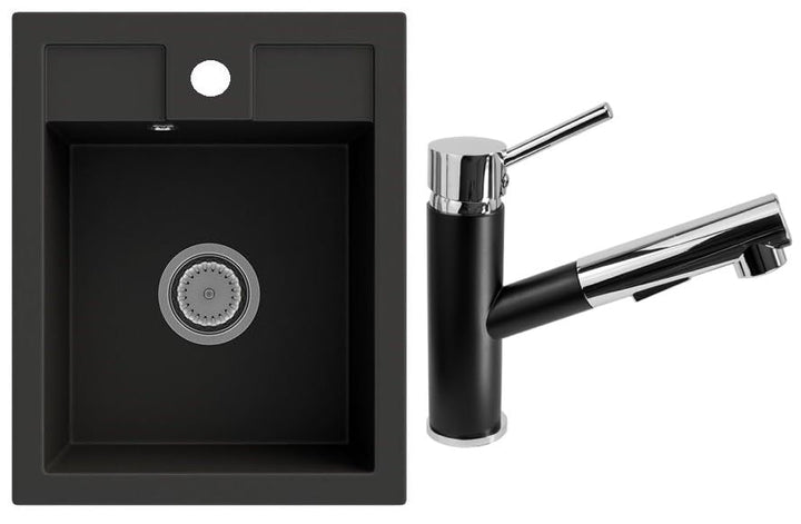 Rein Schwarz LINDBERGH® Antibakterielle Granit Spüle "MON44 + 1-Nero" + Siphon Einbauspüle Küchenspü