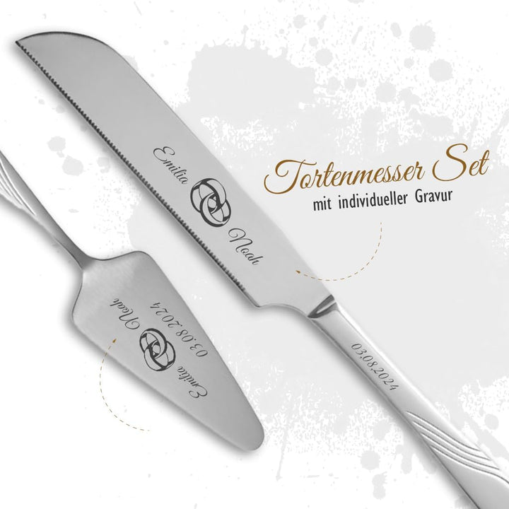Tortenmesser + Kuchenheber Set mit eigener Gravur/Hochzeit Motiv Trauringe Geschenk Brautpaar Torten