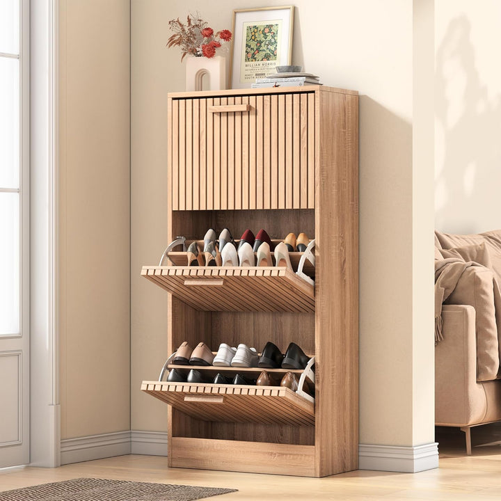 Schuhschrank mit 3 Klappen, Rattan Schuhschrank mit 6 Ablageflächen, Holz Schuhkommode, Freistehende