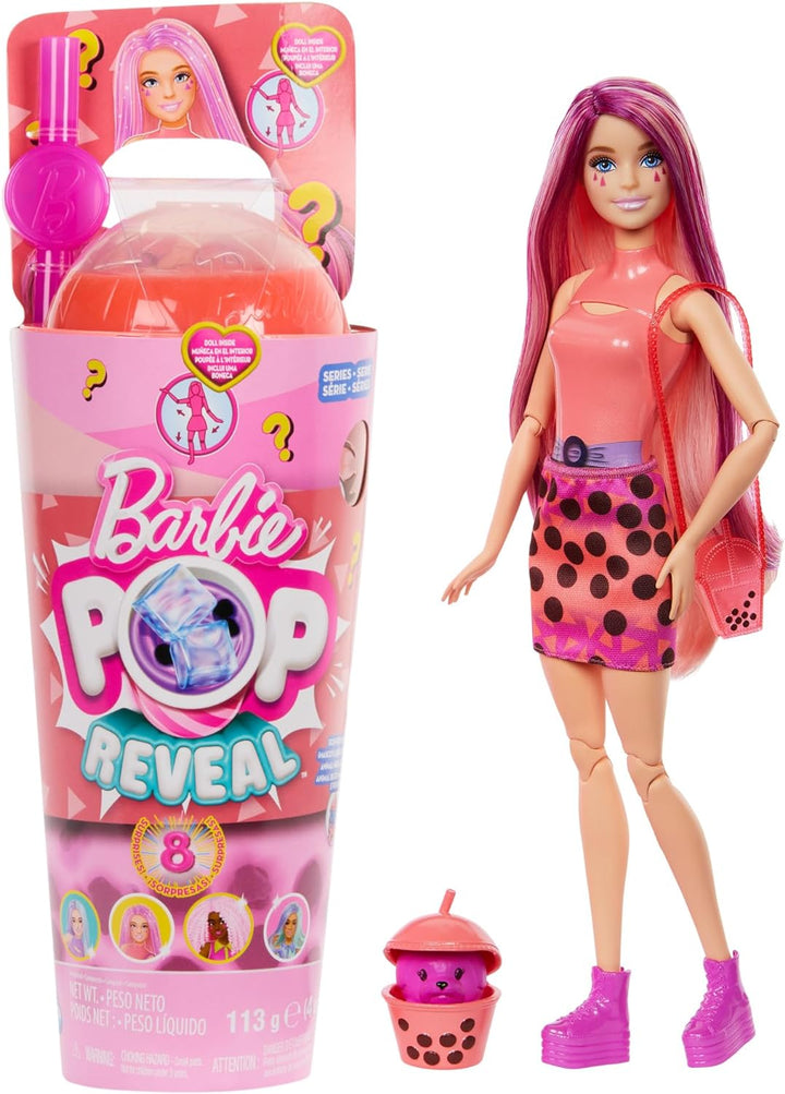 Barbie Pop Reveal Bubble Tea Serie Puppe und Zubehör, duftende Mango-Mochi-Modepuppe mit Haustier, 8