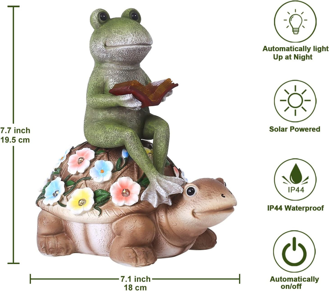 Yeomoo Solar Frosch Reiten Schildkröte Figuren Gartendeko für Draussen – mit Blumen LED Solarlampen
