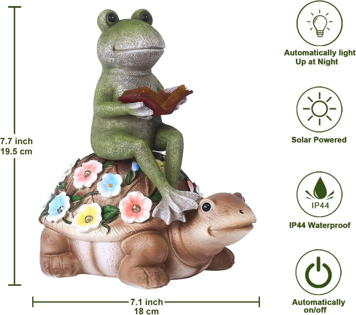 Yeomoo Solar Frosch Reiten Schildkröte Figuren Gartendeko für Draussen – mit Blumen LED Solarlampen