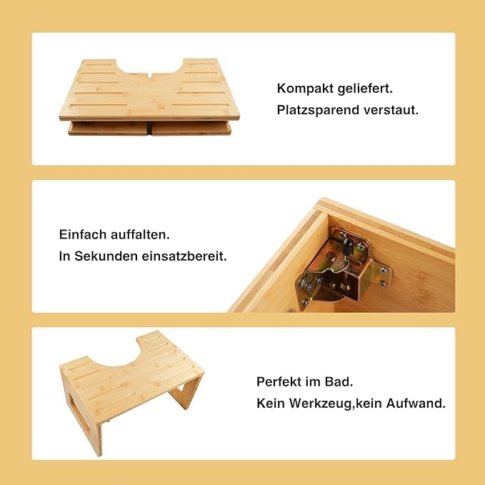 Zedelmaier Klappbarer Toilettenhocker aus Bambus, 21,5cm hoch – Ergonomischer WC-Hocker für 35° Körp