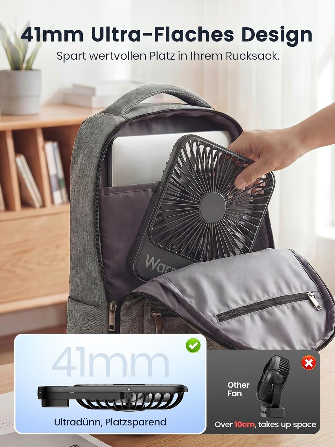 Warmco 10000mAh Tragbarer Akku Ventilator, 21cm Personal Tischventilatoren, Ultra-Leise Ultraflach m