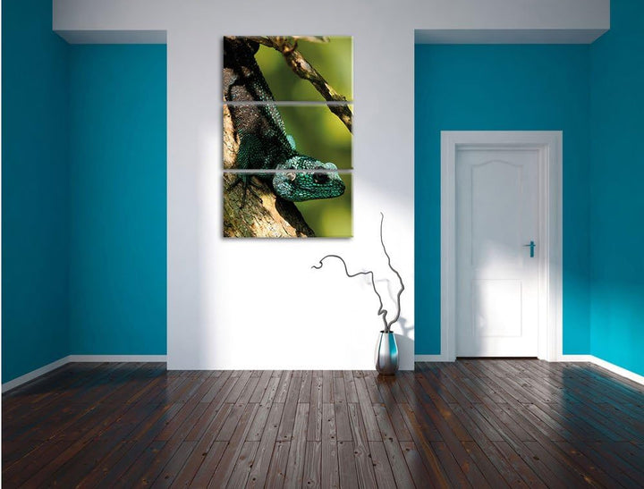 Pixxprint Agama auf Baum AST als Leinwandbild/Grösse: 3 Teilig (120x80) cm/Wandbild/Kunstdruck/ferti