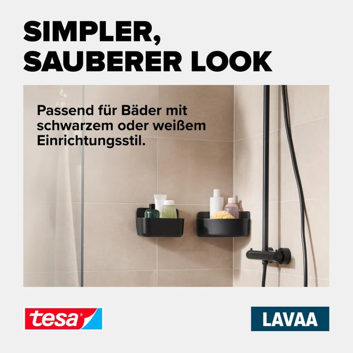 tesa Lavaa Eck-Duschkorb M, schwarz matt - Duschablage zur Wandmontage ohne Bohren, inkl Powerstrips
