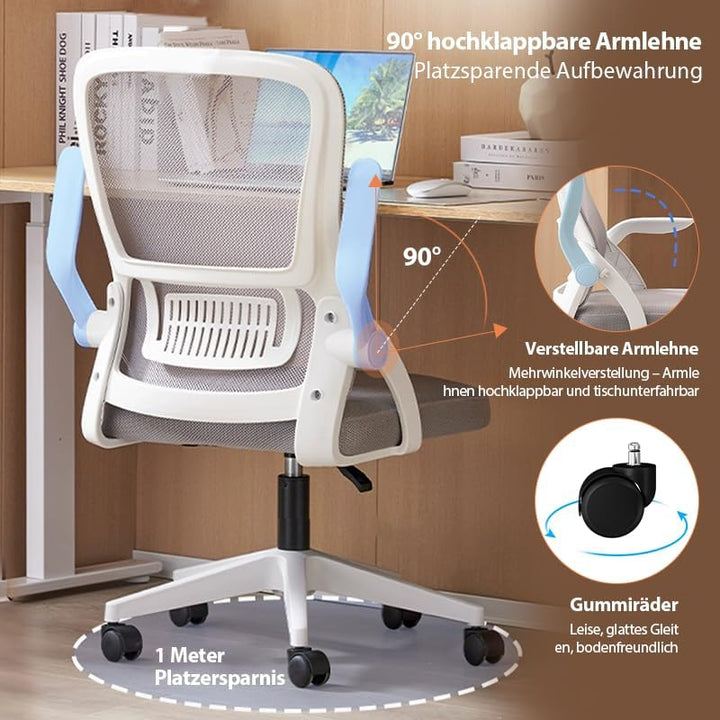 Bürostuhl,Ergonomischer Drehstuhl mit Atmungsaktiver Mesh-Rückenlehne,Hochklappbaren Armlehnen und L