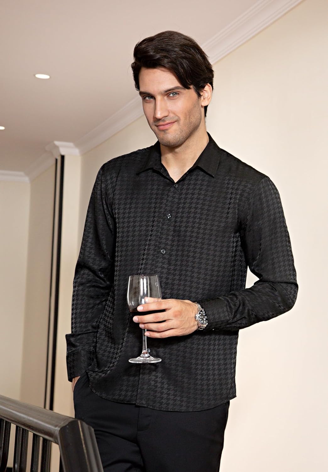 HISDERN Herren Paisley Hemd Langarm Satin Blumen Muster Hemd für Männer Jacquard Stickerei Freizeith