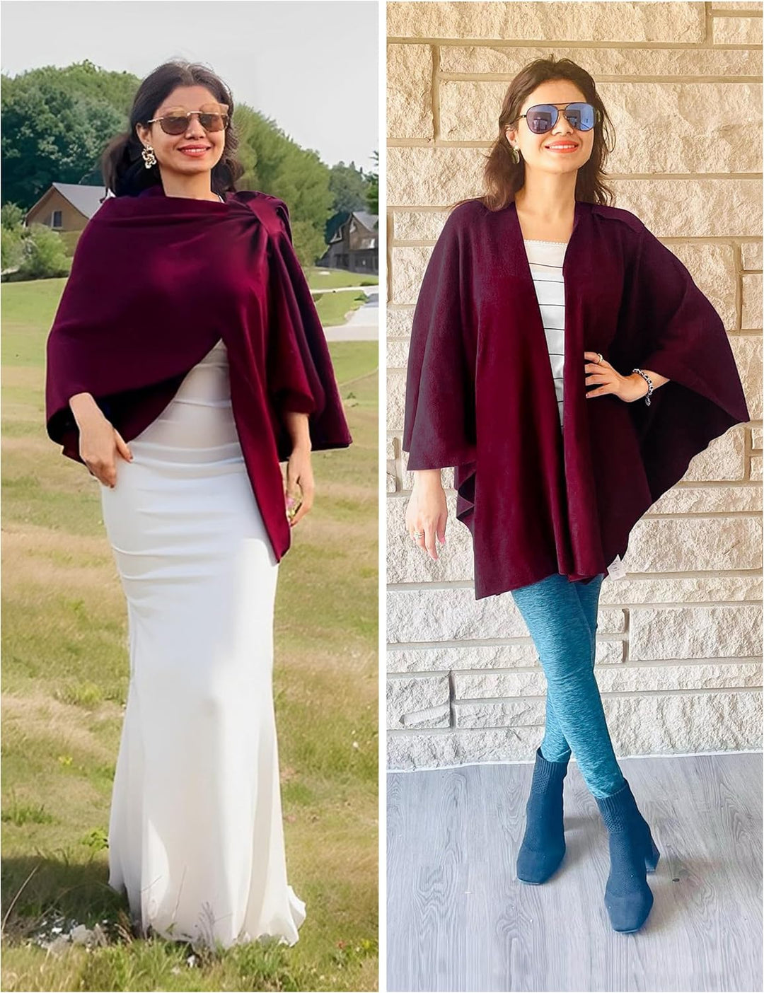 PULI Damen Poncho Schal Cashmere Feeling Strick Cape Cardigan Für Frauen Geschenk Für Mutter Burgund