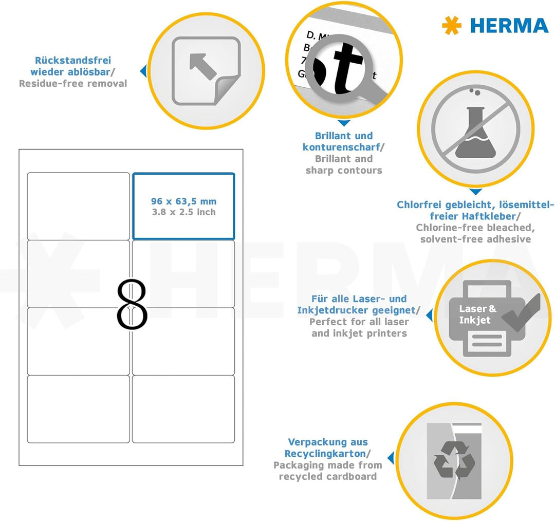 HERMA 10308 Universal Etiketten ablösbar, 100 Blatt, 96 x 63,5 mm, 8 Stück pro A4 Bogen, 800 Aufkleb