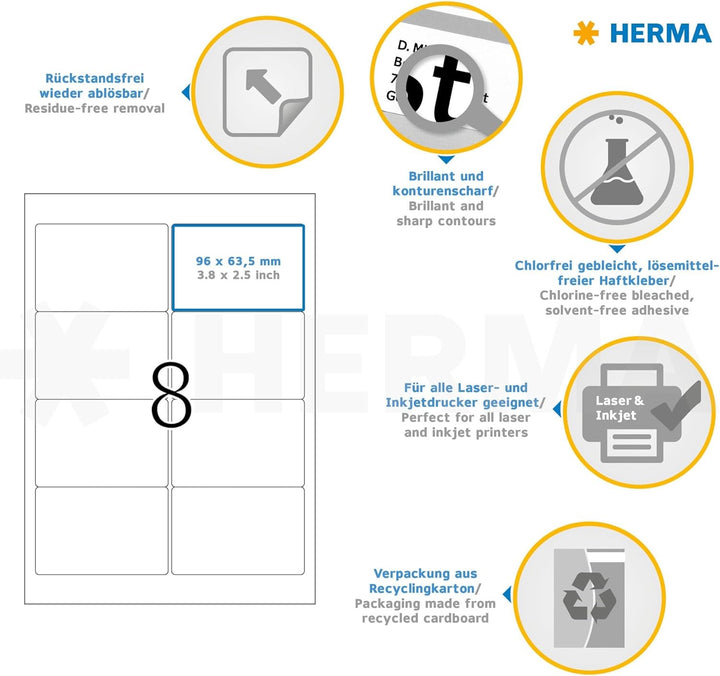 HERMA 10308 Universal Etiketten ablösbar, 100 Blatt, 96 x 63,5 mm, 8 Stück pro A4 Bogen, 800 Aufkleb