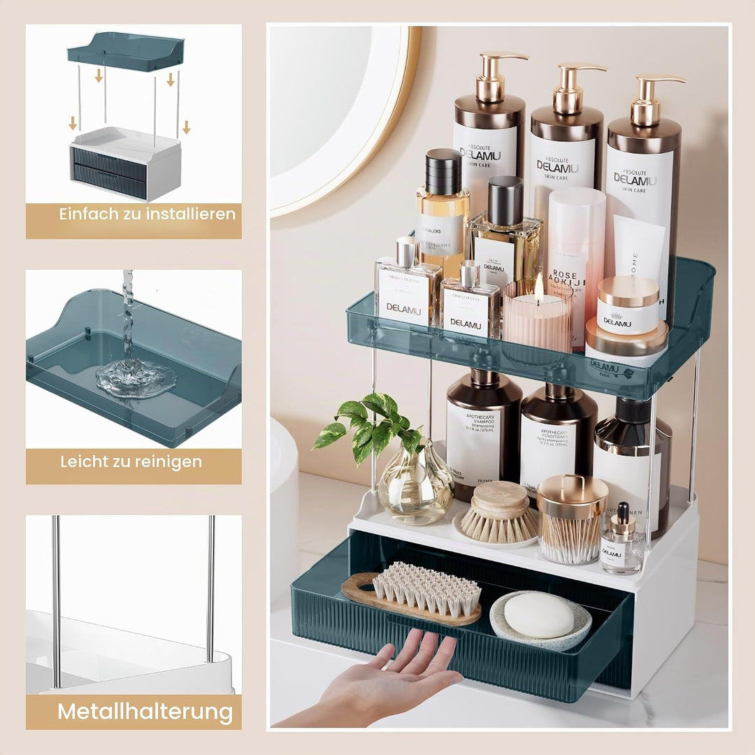 Delamu Make Up Organizer mit 2 Schubladen, 2 Etagen Kosmetik Organizer, Multifunktions Grösser Kosme