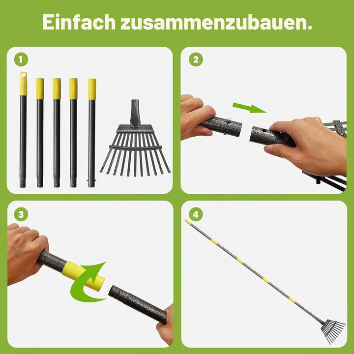 Rechen Garten, Laubrechen mit Stiel Metall mit 11 Zinken, 177 cm Einstellbar Gartenrechen mit Metall