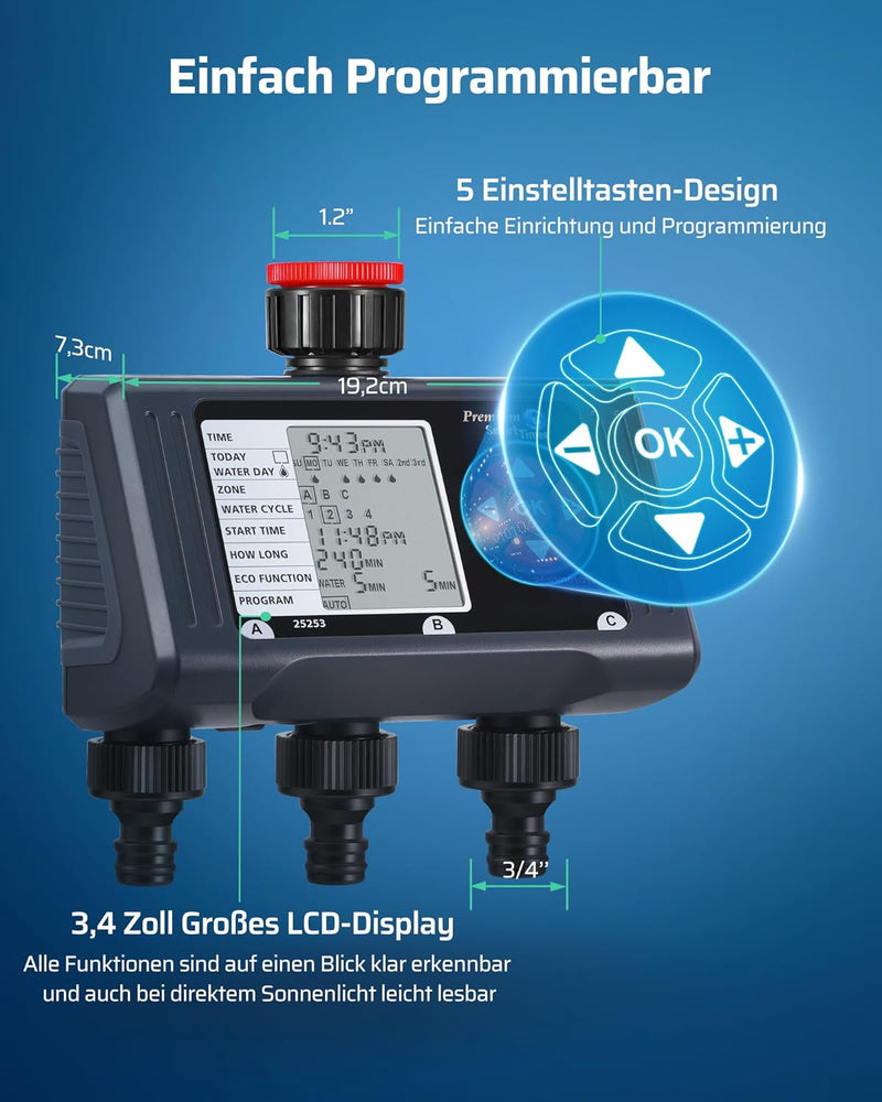 DEWENWILS Bewässerungscomputer 3 Ausgänge, Bewässerungsautomat 3/4 Zoll Anschluss, 4 Bewässerungen p