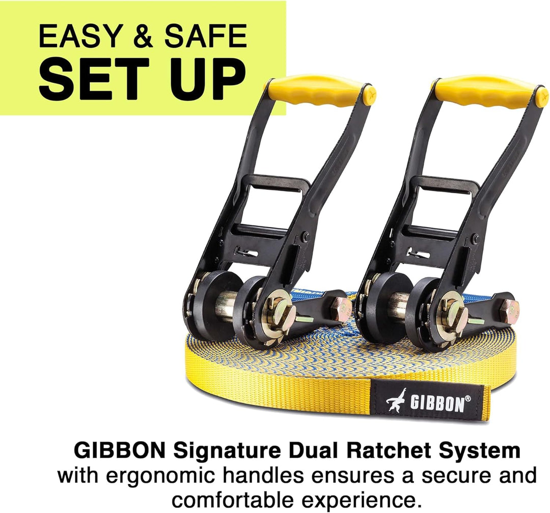 Gibbon Slacklines FlowLine | 1 Zoll / 2,5cm Band | Anfänger & Fortgeschrittene | Doppelratsche & Spa