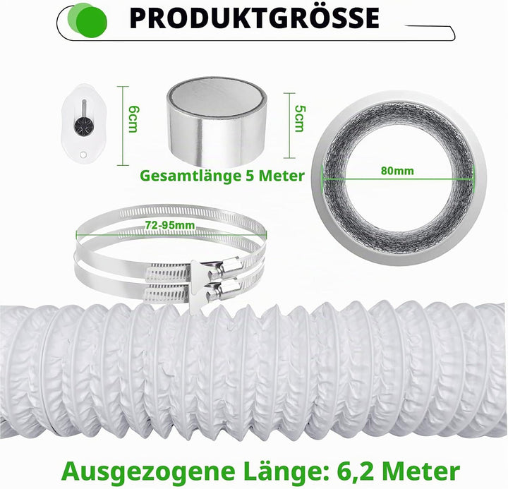 Abluftschlauch 80 mm Länge 6 M PVC Flexibel Alurohr Schlauch Aluminium Aluflexschlauch mit 2 Schlauc