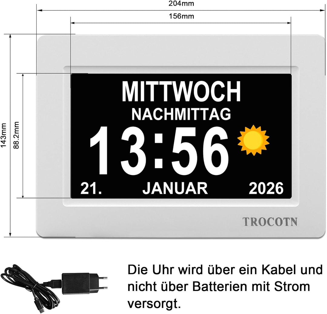 TROCOTN 7 Zoll Digitaluhr Tagesuhr Grosses Display Wecker Wanduhr (weiss) 7 Zoll Weiss, 7 Zoll Weiss