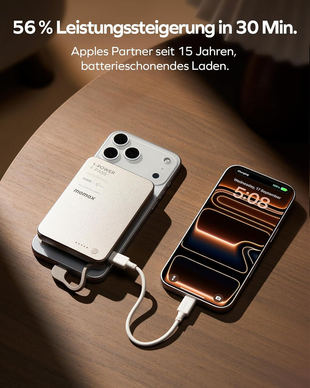 MOMAX Ultraflache Powerbank 10000mAh, 30W Schnellladung mit integriertem USB-C Kabel, 56% Ladung in