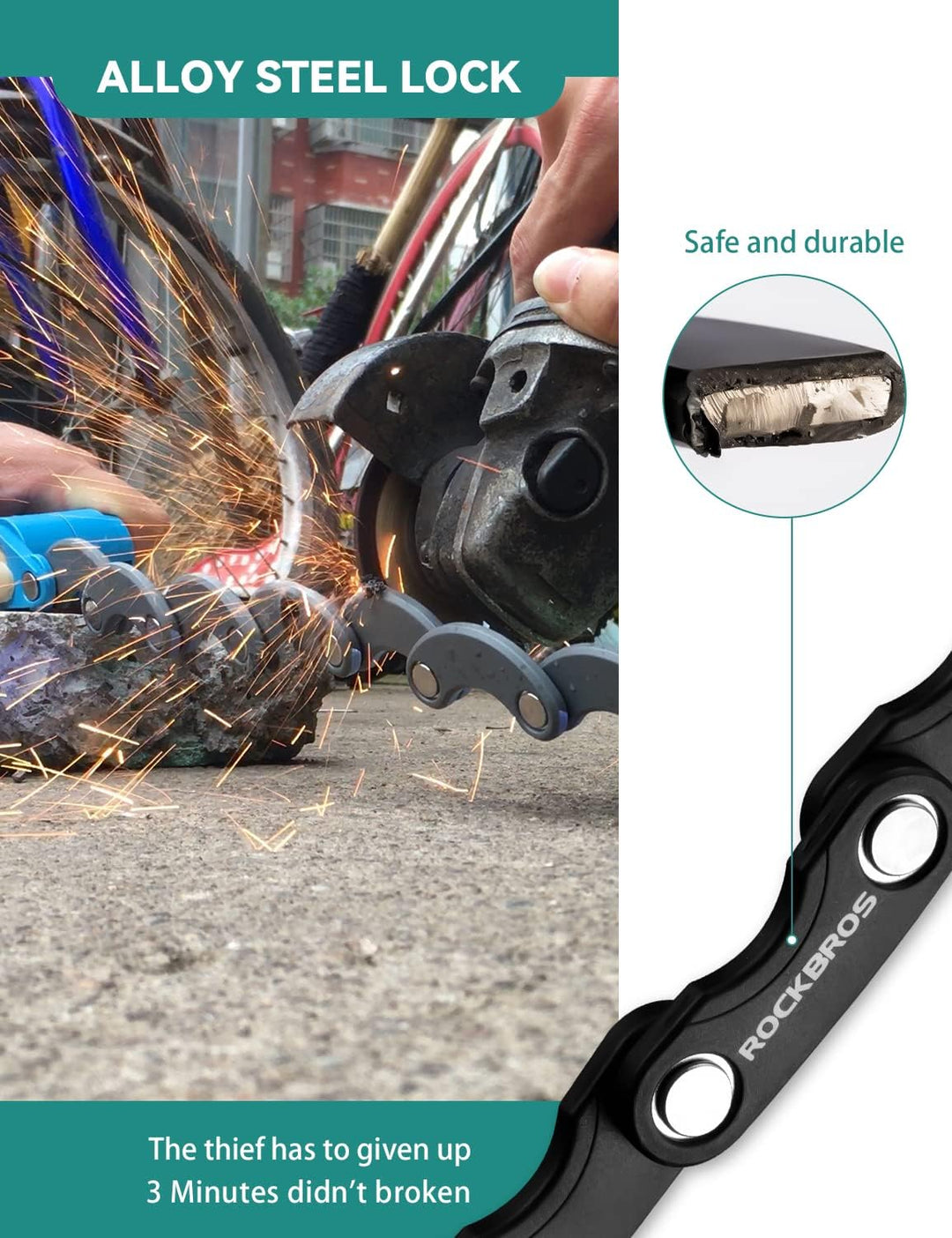 ROCKBROS Fahrradschloss mit Schlüssel 70cm mit Halterung Faltschloss Kettenschloss 519g aus Zinklegi