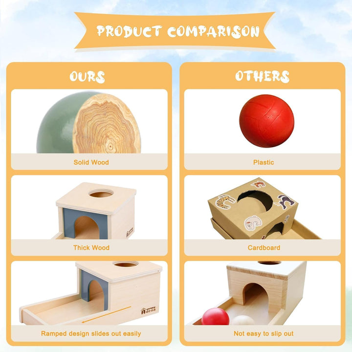 Adena Montessori Object Permanence Box mit Tablett, DREI Holzkugeln, Montessori-Spielzeug für 6–12 M