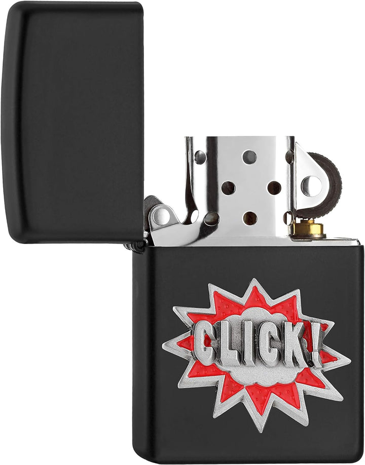 ZIPPO – Sturmfeuerzeug, Click, Emblem Attached, Black Matte, nachfüllbar, in hochwertiger Geschenkbo