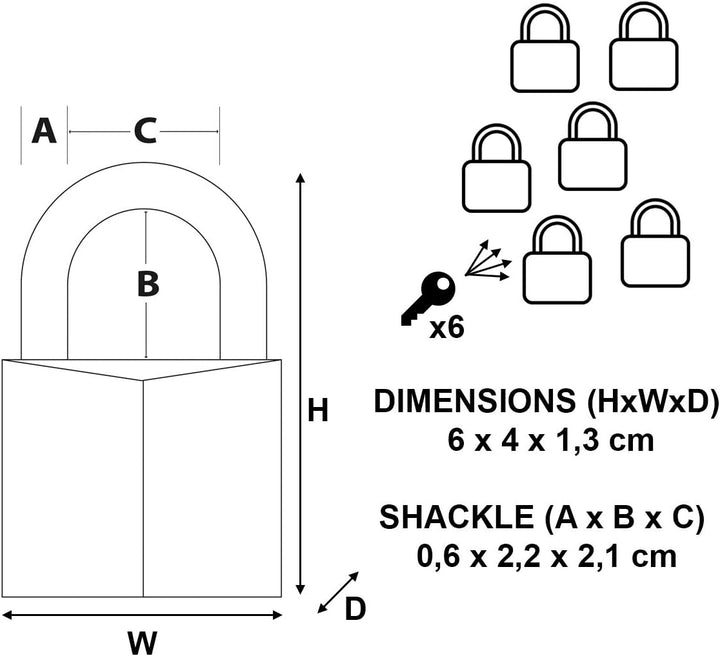 Master Lock 140EURSIX 6-er Pack Schlüssel Vorhängeschlösser aus Massivmessing, Gold, 6 x 4 x 1,3