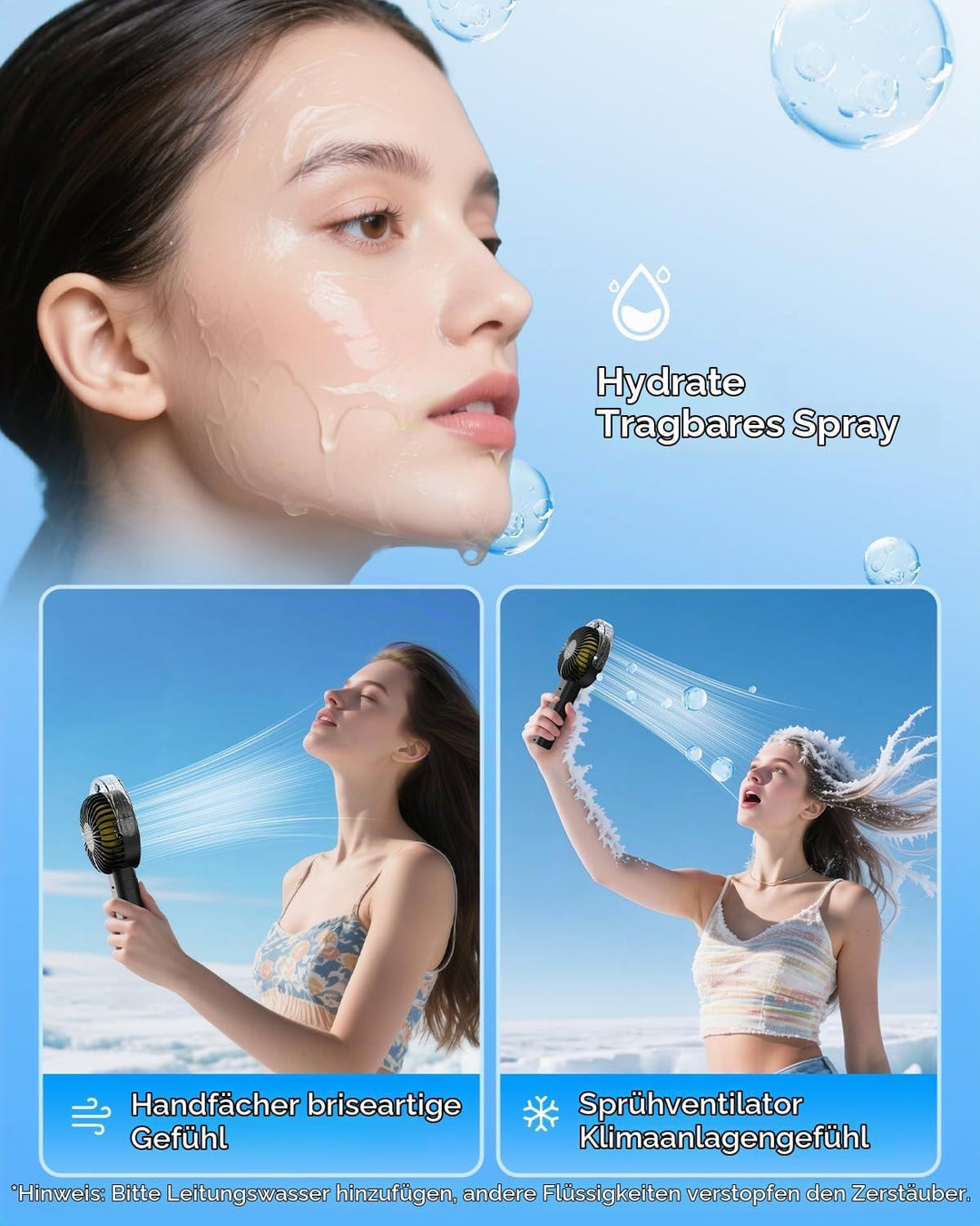 Otlonpe Handventilator Mit Wasserkühlung, Hand Ventilator Akku Aufladbar Mit Wasser, 3 Geschwindigke