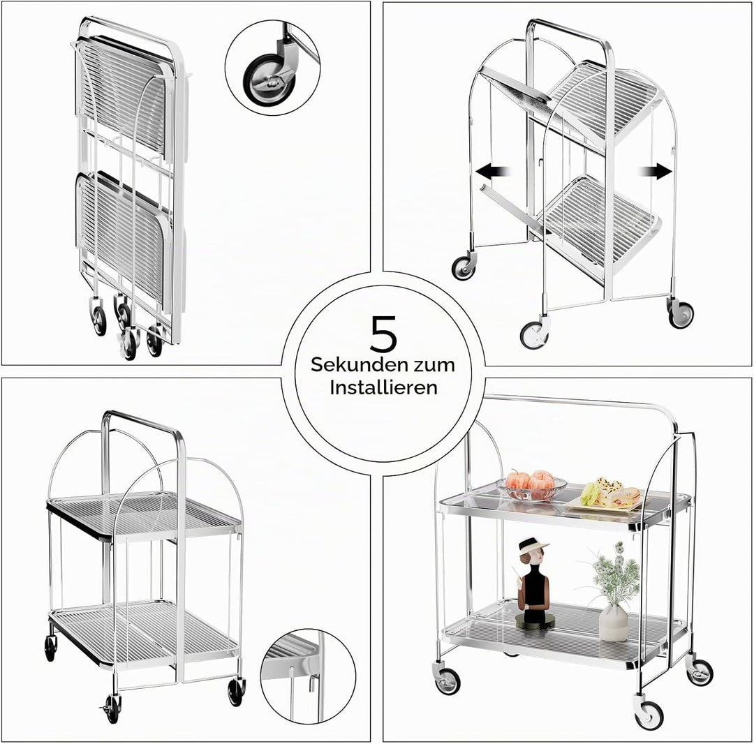 Servierwagen mit Rollen, Servierwagen Klappbar, Dinett 2 Tier Ablagekorb aus Temperglas with Wheels,