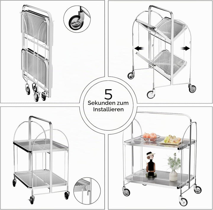 Servierwagen mit Rollen, Servierwagen Klappbar, Dinett 2 Tier Ablagekorb aus Temperglas with Wheels,