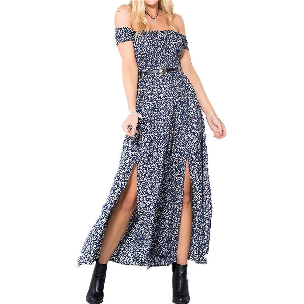 Coloody Sommerkleid Damen Lang Off Shoulder Maxikleider für Damen Blumenrock Schlitz Kleider Strandm