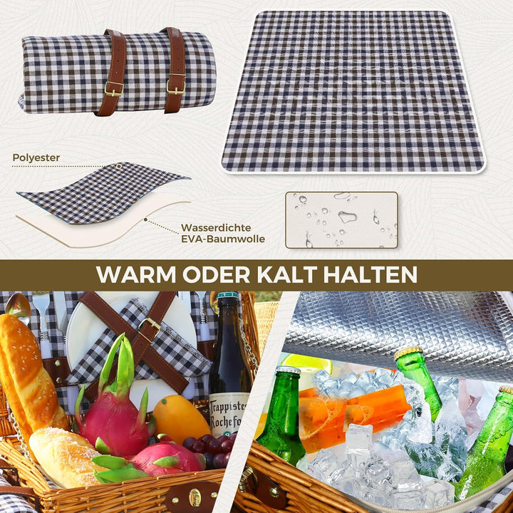 Picknickkorb Set für 2 Person mit Kühlfach und wasserdichte Picknickdecke, Abnehmbarer Riemen, Weinb