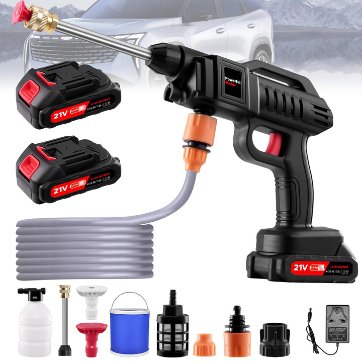 Akku Hochdruckreiniger, 21V 60Bar Mobile Akku-Hochdruckreiniger mit 2 Akku, 3-in-1 Düse, 5m Schlauch