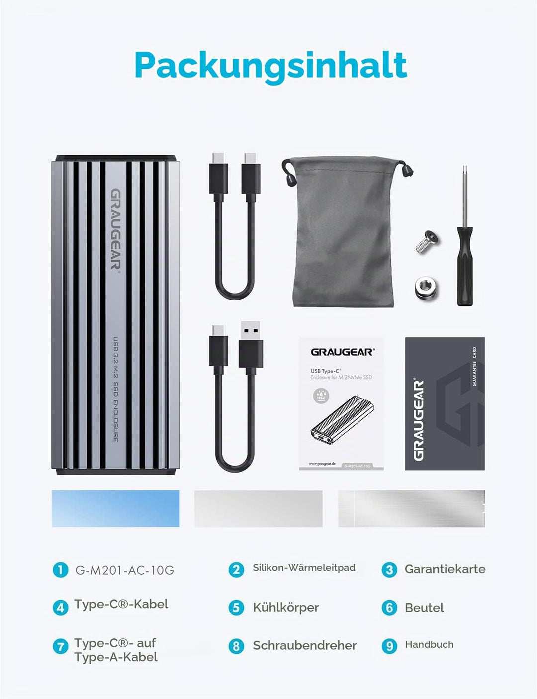 GRAUGEAR | Aluminium-Gehäuse f. M.2 NVMe SSD | USB 3.2 (Gen2, 10 Gbit/s) | Zwei Kabel USB-C &amp; USB-A