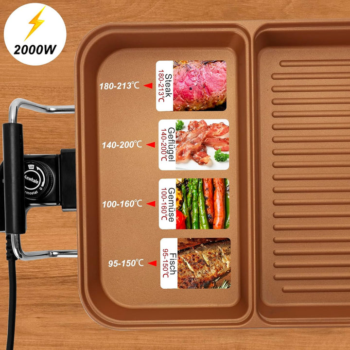 AEWHALE 3-in-1 Grillplatte Elektrisch, 2000 W, Tischgrill Elektrisch für Drinnen und Draussen mit An