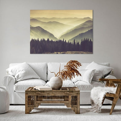 Bilder auf Leinwand 100x70cm Leinwandbild mit Rahmen Berge Wald Natur Gross Wanddeko Bild Schlafzimm