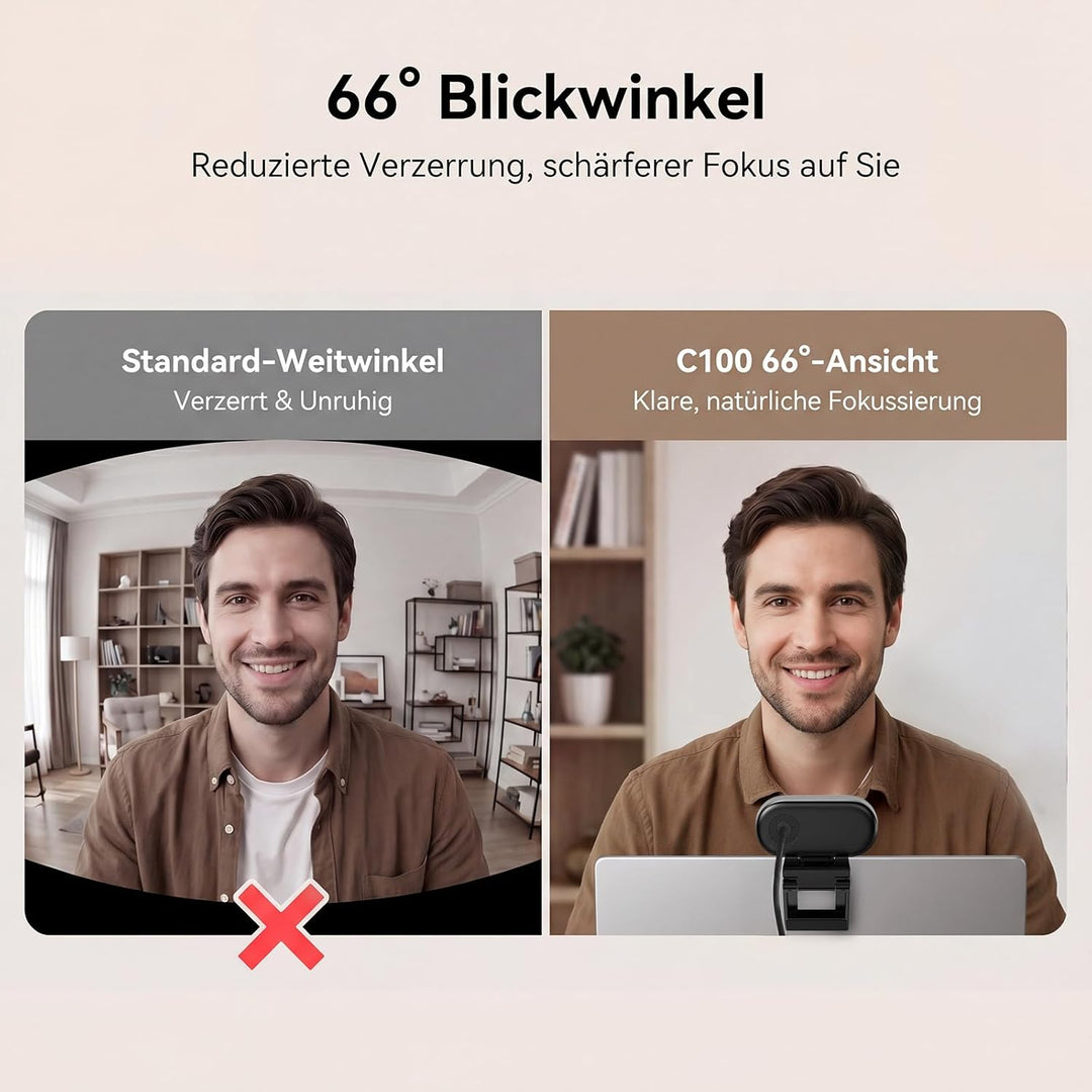 EMEET C100 Webcam 1080P, Fixfokus, 66° Sichtfeld, integriertes Mikrofon, Sichtschutzabdeckung, tragb