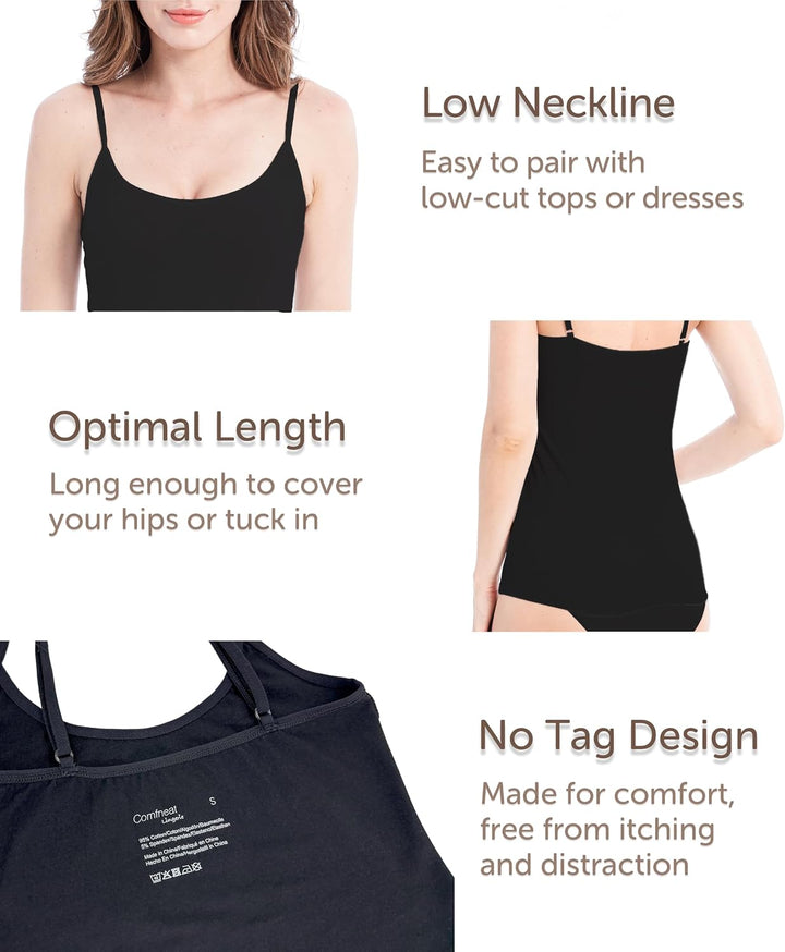Comfneat Damen 4-Pack Spaghetti Tops Slim-Fit Verstellbare Träger Camisole Baumwolle Elasthan Unterh