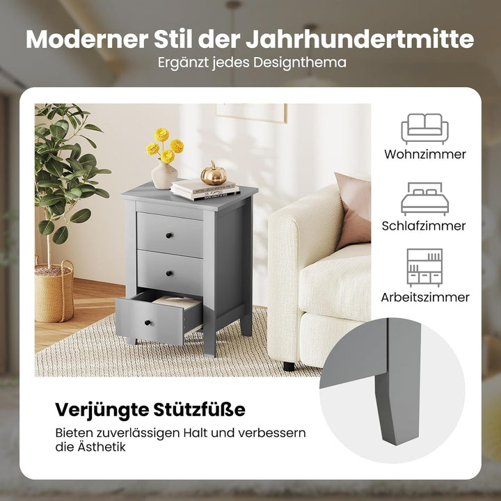 COSTWAY Nachttisch mit 3 Schubladen, Nachtschrank für Boxspringbett, Beistelltisch, Nachtkommode für