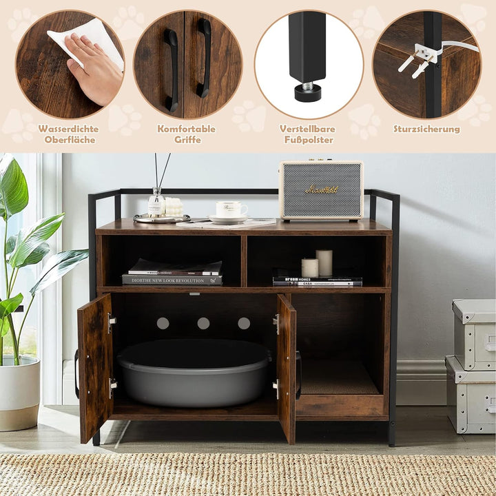 GOPLUS Katzenschrank, Katzentoilette mit Doppeltüren & stabilem Metallrahmen & Kratzbrett & 2 Fächer